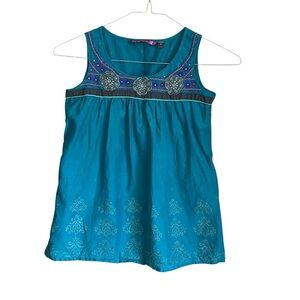 Globus Cotton Embroidered Sleeveless Blouse Tank- Teal Sz S